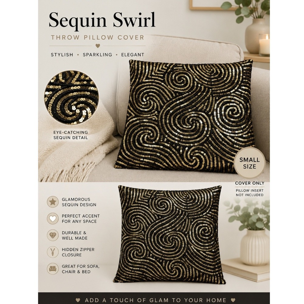 Artistic Accents Gold Sequin Swirl Beaded Black Pillow Cover 16x16 Square Zipper
